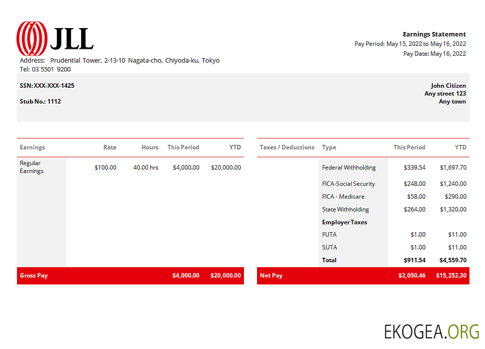 USA JLL société immobilière talon de paie Word